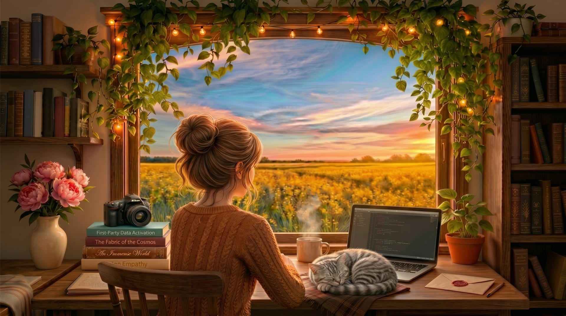 Alina D. Magauova working at her cozy desk. A warm scene featuring a silver tabby cat, sunset over a wildflower meadow, camera, coffee, and a laptop with code.